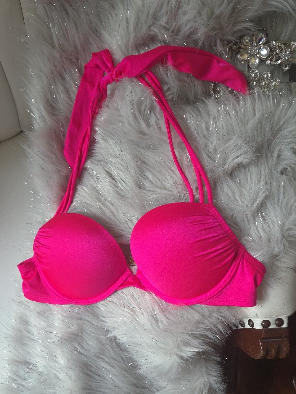 Victoria's Secret Hot Pink Halter Push-Up Add 2 Cups  Bikini Top